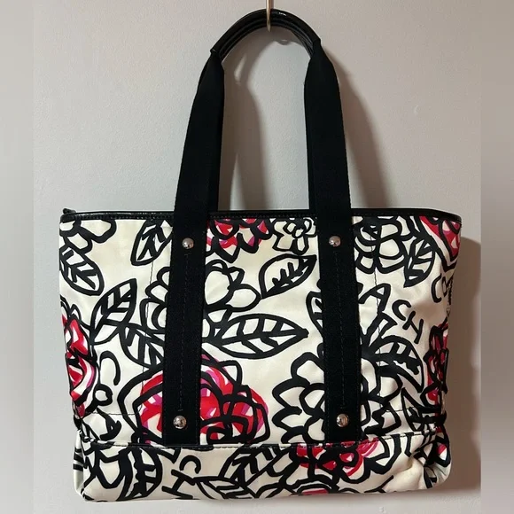 Coach Poppy Kyra floral tote bag in black and white nylon with red accents EUC - Picture 2 of 13